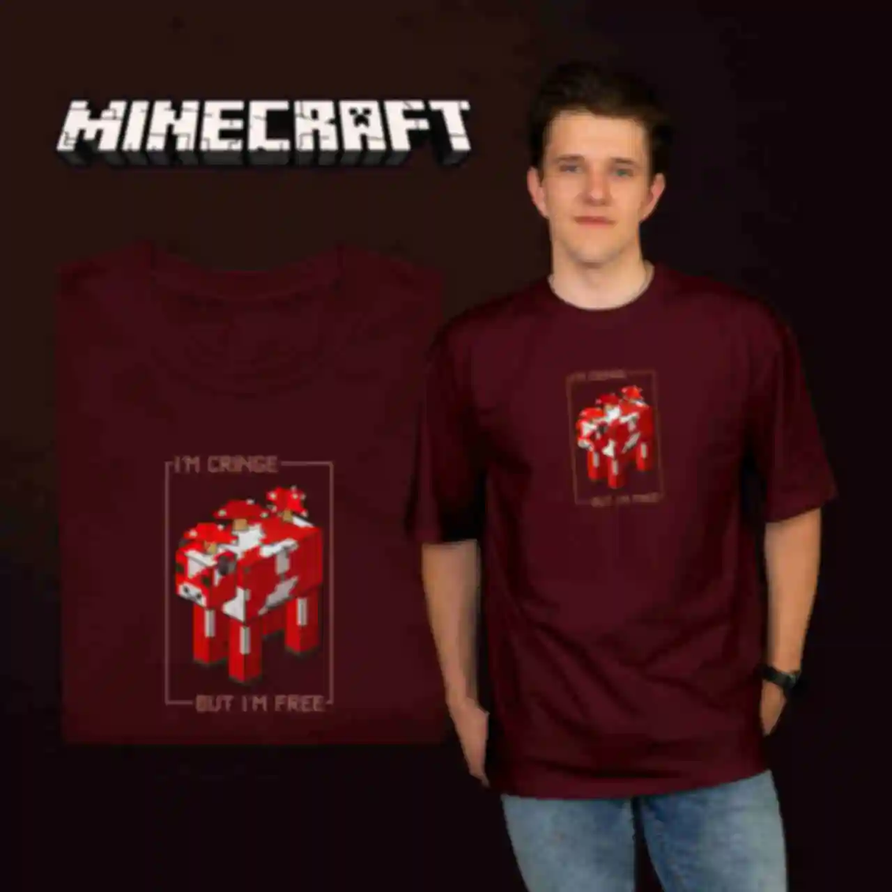 Футболка OVERSIZE №18 • Mooshroom • Minecraft, бордоФото №125
