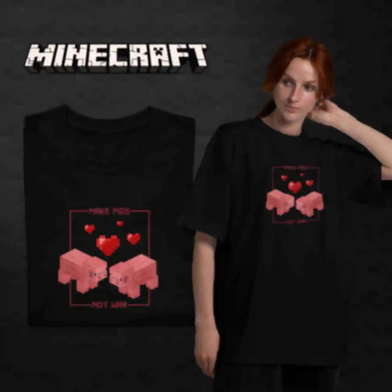 Футболка OVERSIZE №19 • Pigs • Minecraft, чорнаФото №130