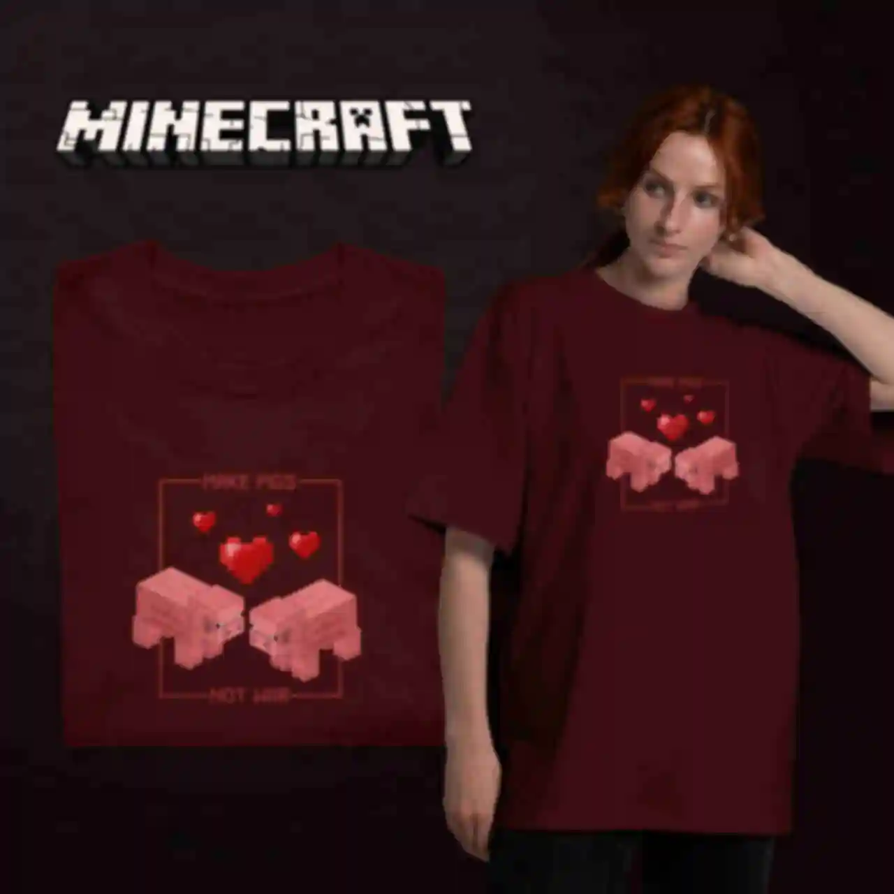 Футболка OVERSIZE №19 • Pigs • Minecraft, бордоФото №129