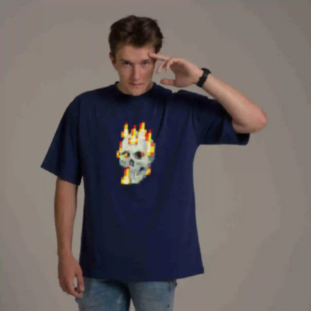 Футболка OVERSIZE №12 • Burning Skull • Minecraft, синяя. Фото №80