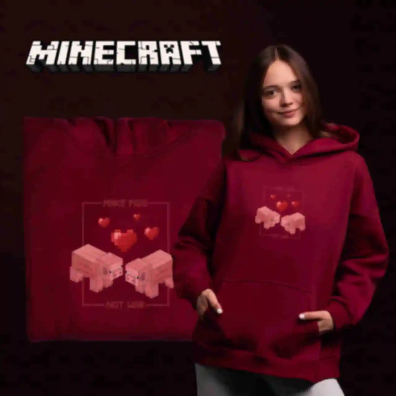 Худі OVERSIZE №19 • Pigs • Minecraft, бордоФото №2