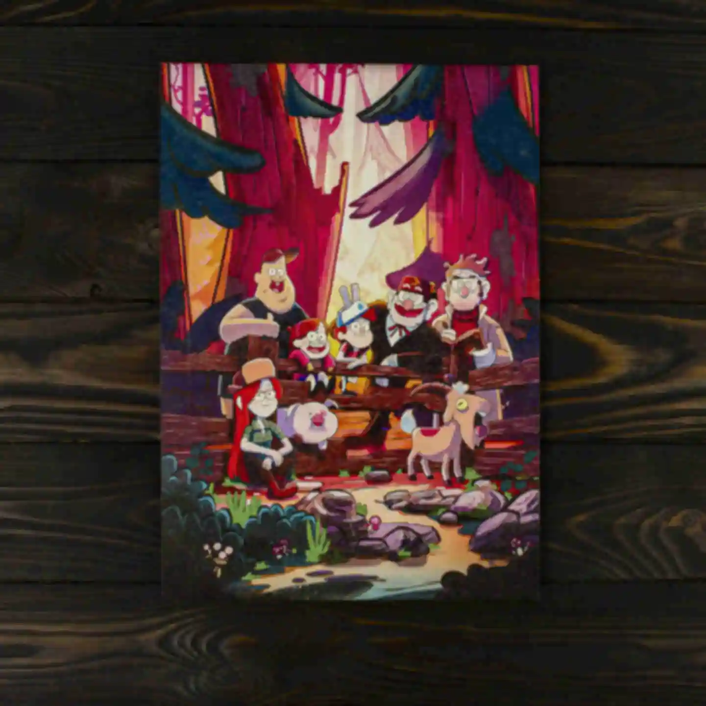 Деревянный постер • Персонажи в лесу • Плакат Гравити Фолз • Подарок Gravity Falls