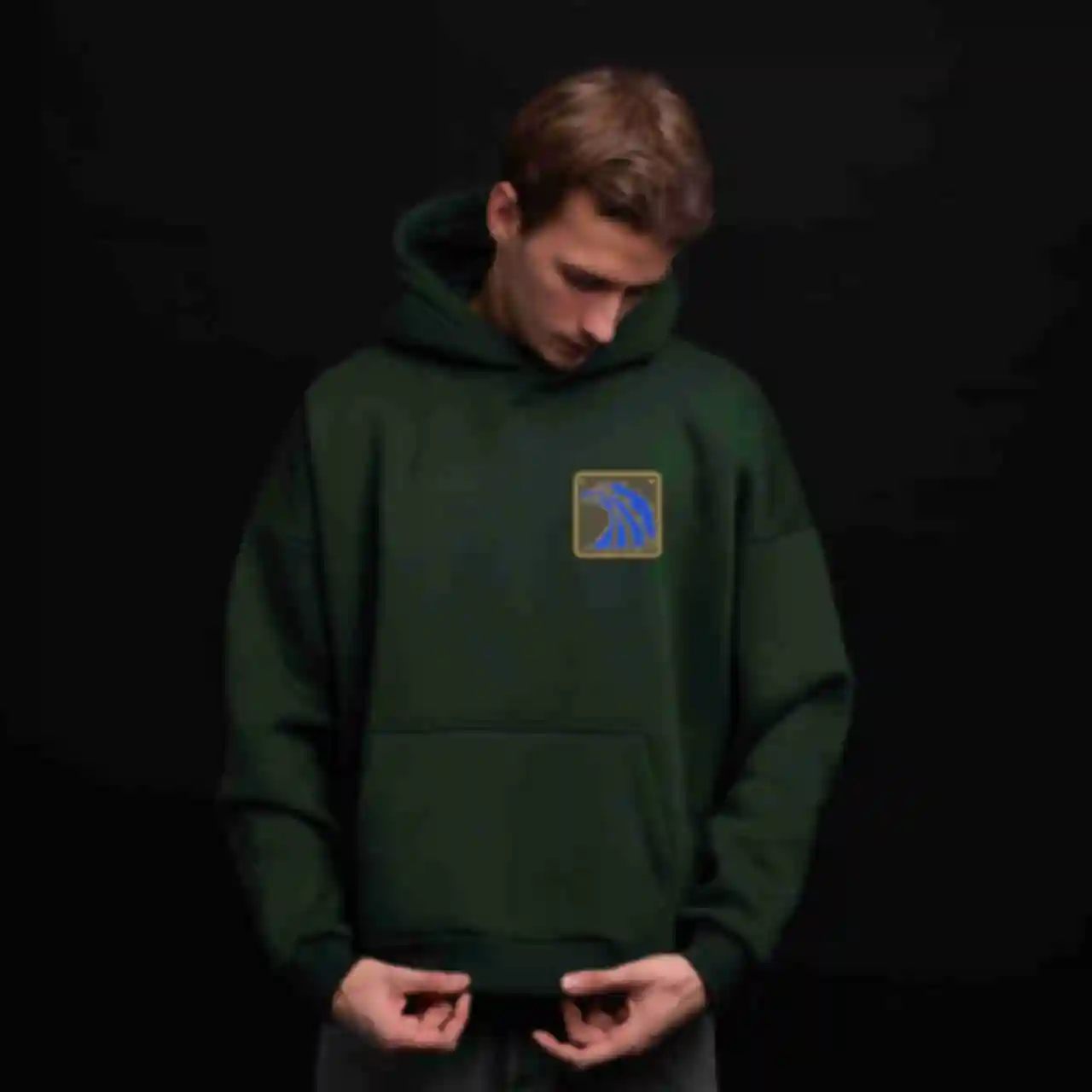 Худі OVERSIZE №10 • Нашивка «Найманці» на грудях • Stalker, зеленийФото №1